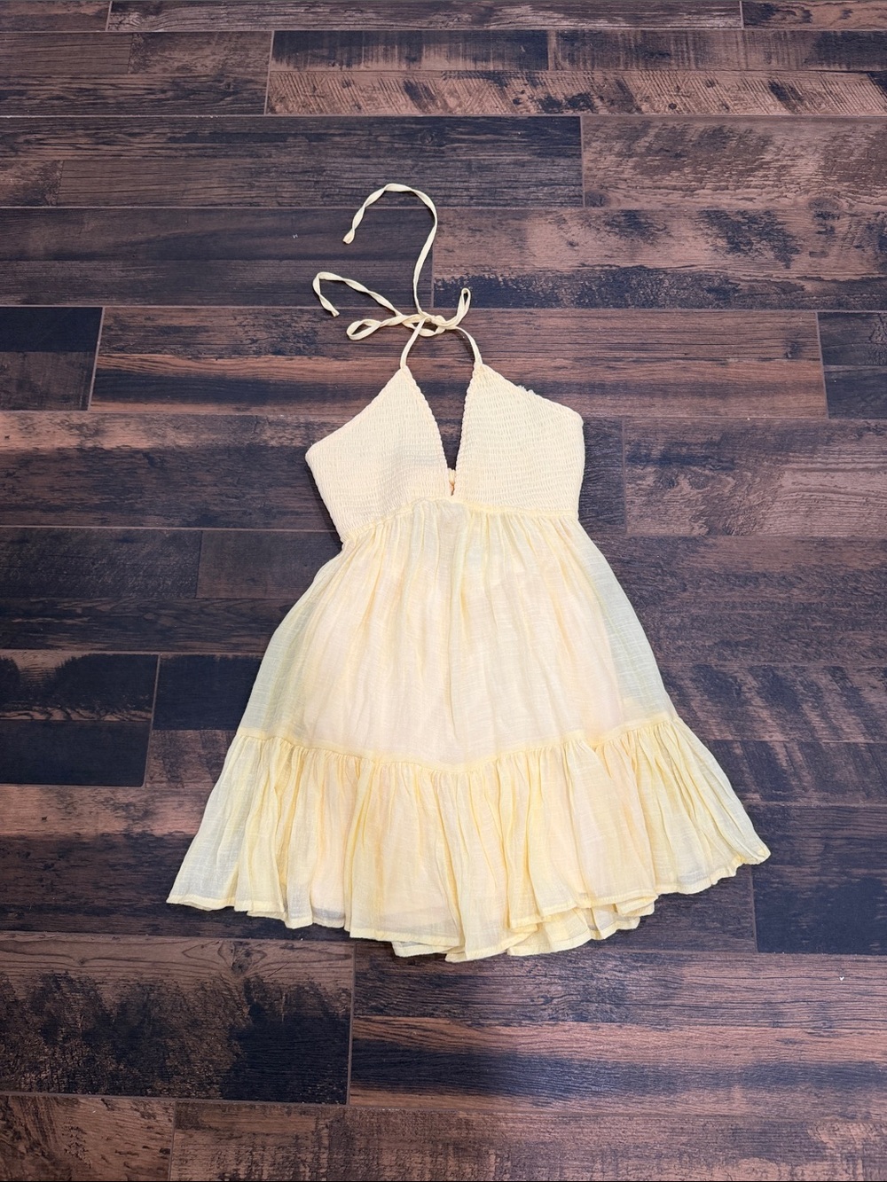 Windsor Pale Yellow Halter Smocked Tiered Mini Dress